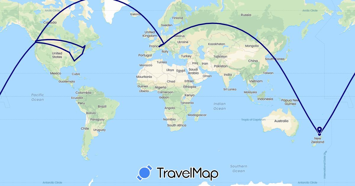 TravelMap itinerary: driving in Canada, Switzerland, Germany, France, South Korea, New Zealand, United States (Asia, Europe, North America, Oceania)